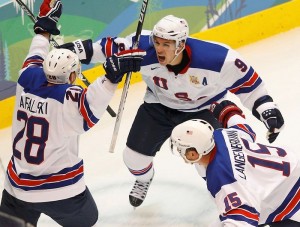 Rafalski of the U.S. celebrates his second goal against Canada during their hockey game at the Vancouver 2010 Winter Olympics